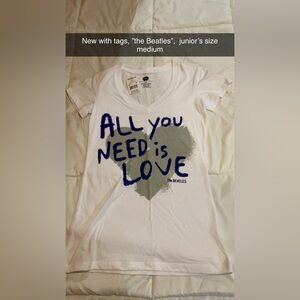 The Beatles White V-Neck Tee with Blue and Gray Design